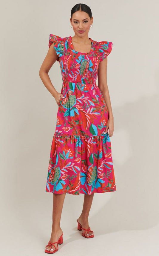 Cactus Blossom Giza Glare Smock Tiered Midi Dress Sugarlips 