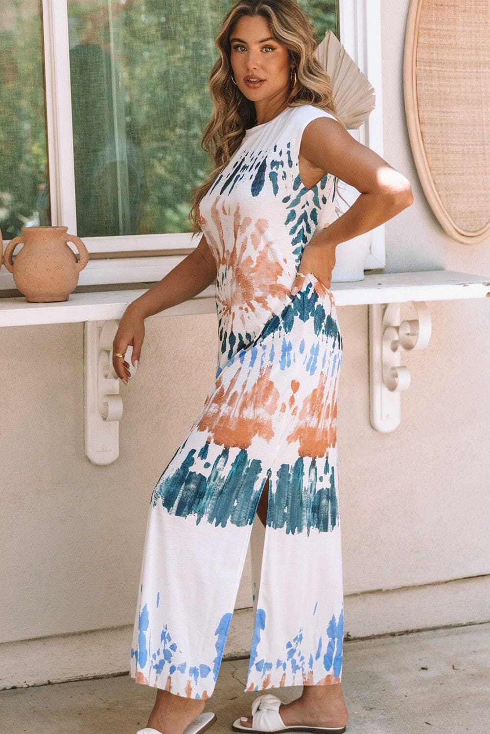 Cap Sleeve Tie Dye Long Slit Dress Youmi 