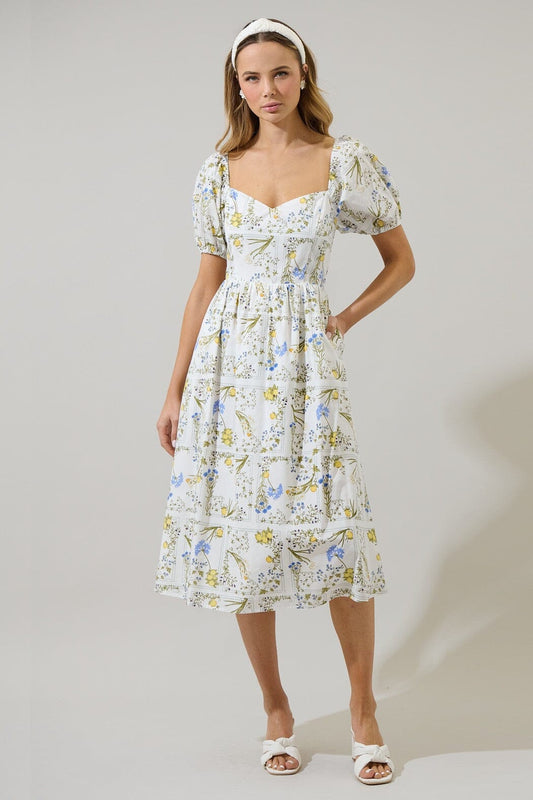 Cecily Floral Alessi Puff Sleeve Midi Dress Sugarlips 