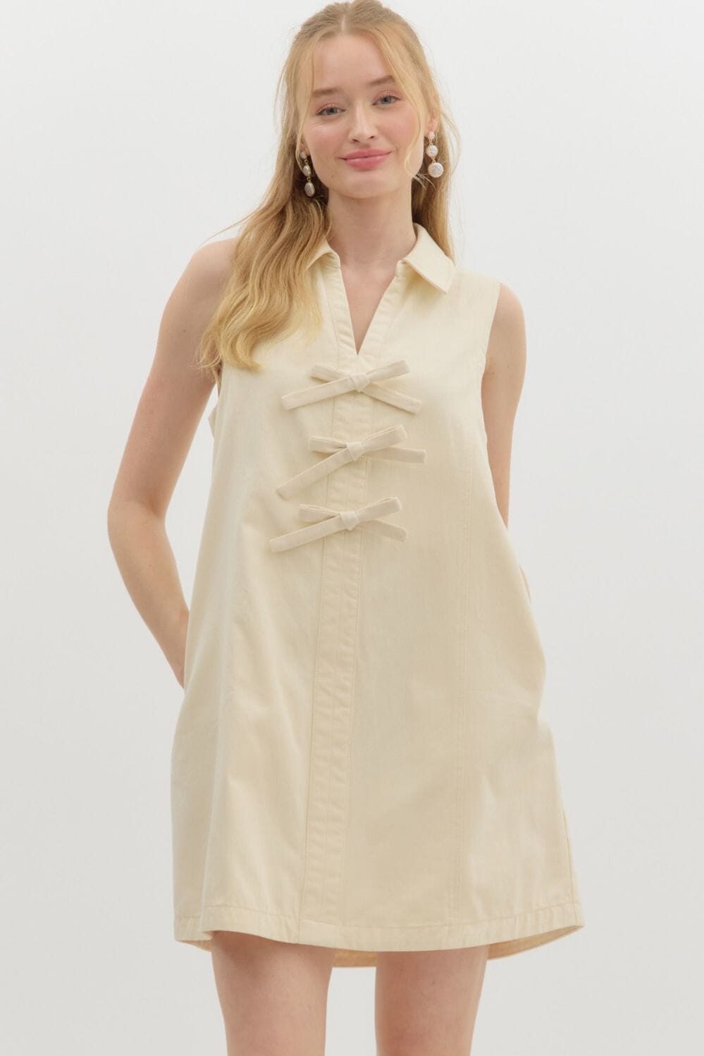 Chambray Bow Front Dress Entro small Ecru 