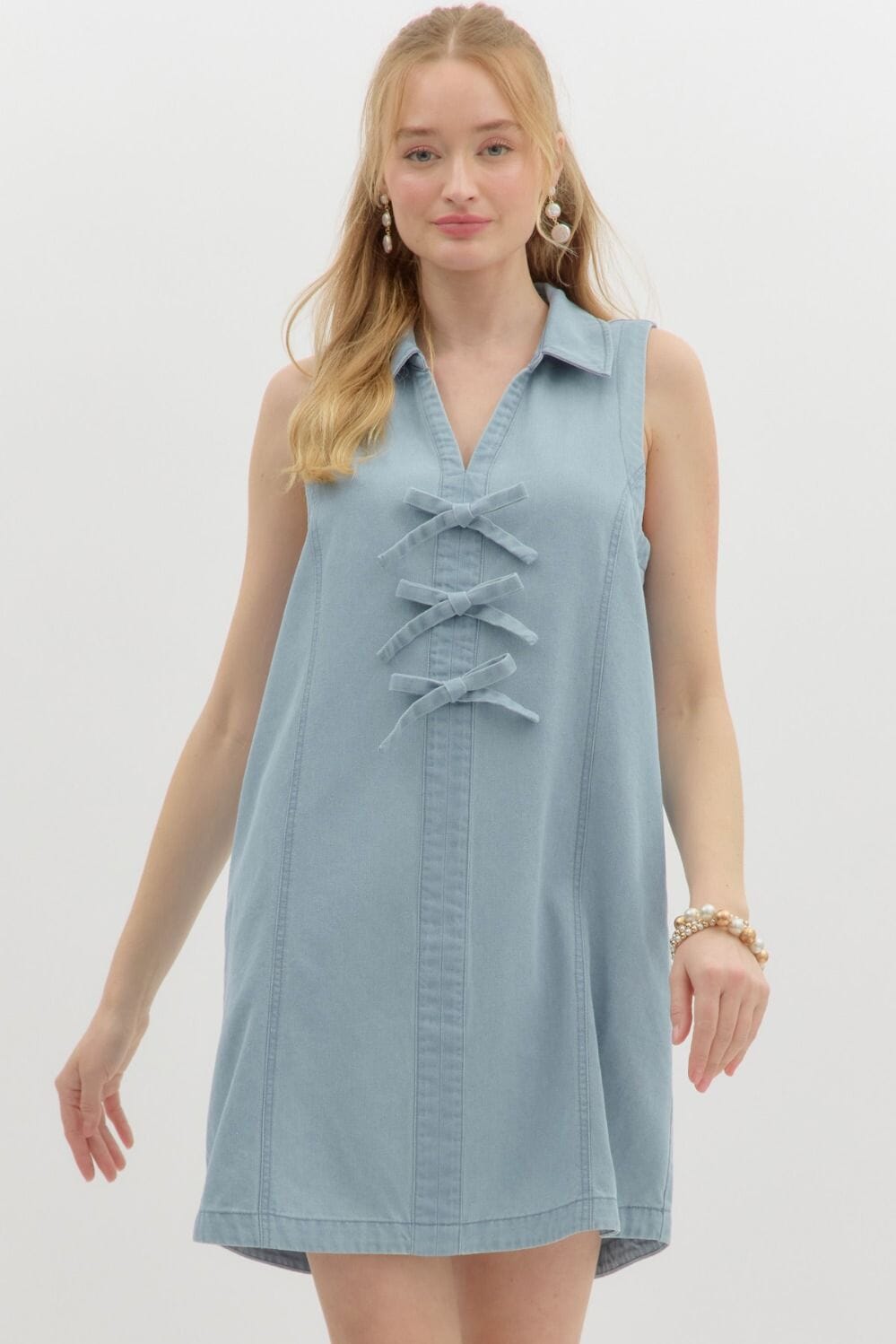 Chambray Bow Front Dress Entro small Light Wash 