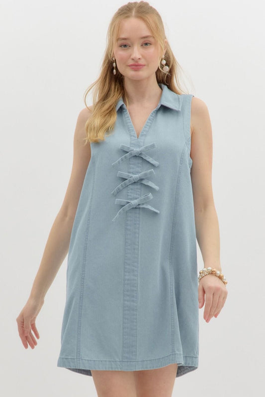 Chambray Bow Front Dress Entro small Light Wash 