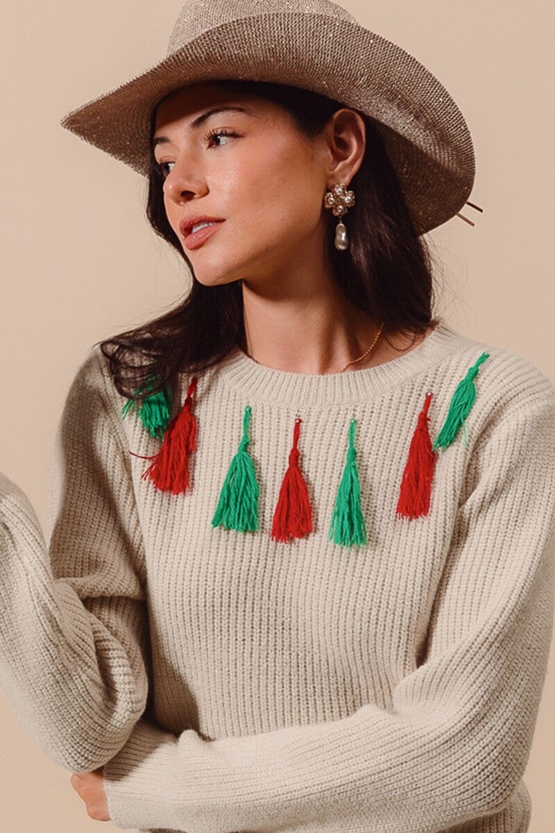 CHRISTMAS TASSEL CREW NECK SWEATER TOP so me 