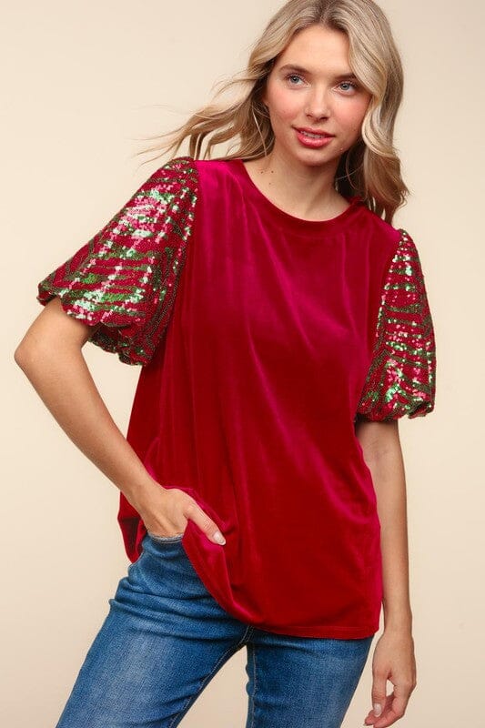 Christmas Velvet Top with Sequin Sleeves Haptics 
