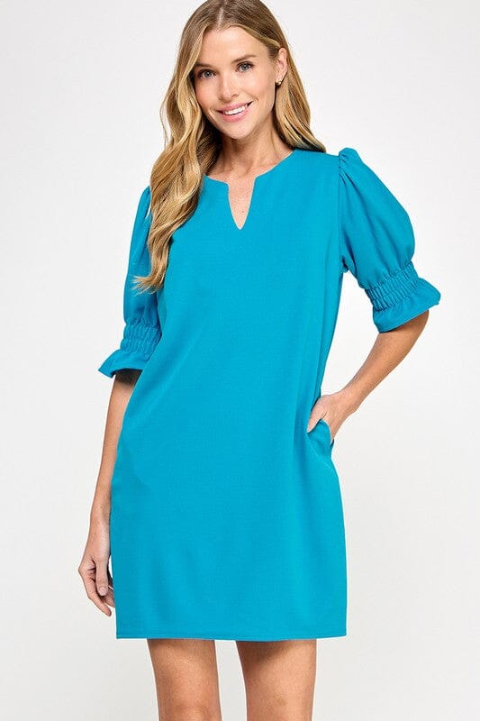 Classic Puff Sleeve V-Neck Dress 2 hearts small Blue 