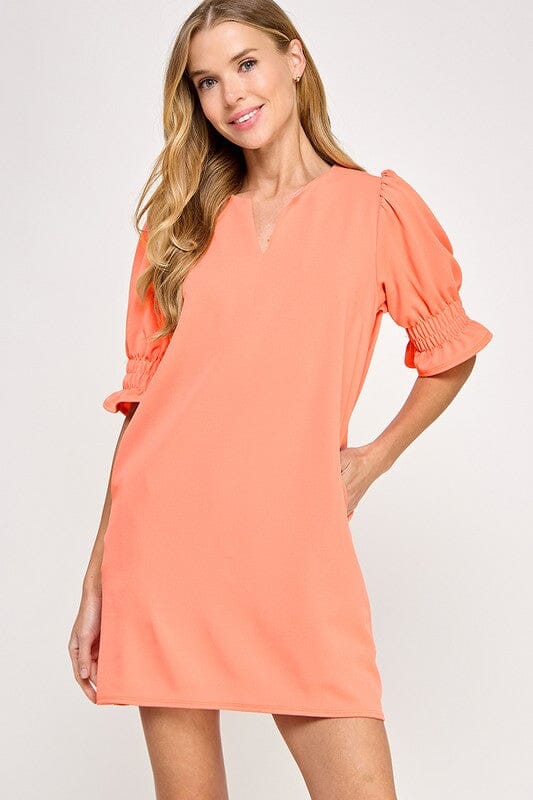 Classic Puff Sleeve V-Neck Dress 2 hearts small Peach 