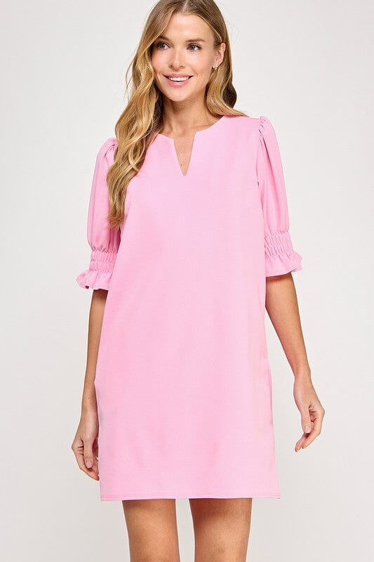 Classic Puff Sleeve V-Neck Dress 2 hearts small Pink 
