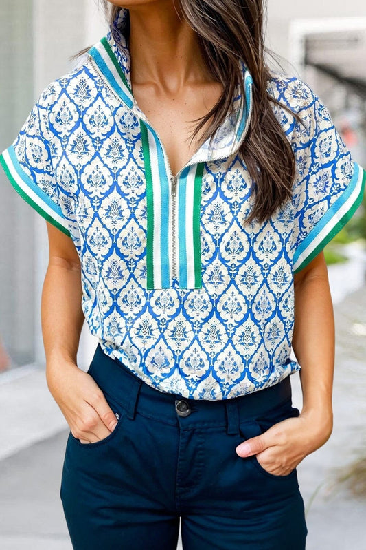 Cobalt Medalion Print Quarter Zip Top Shewin 