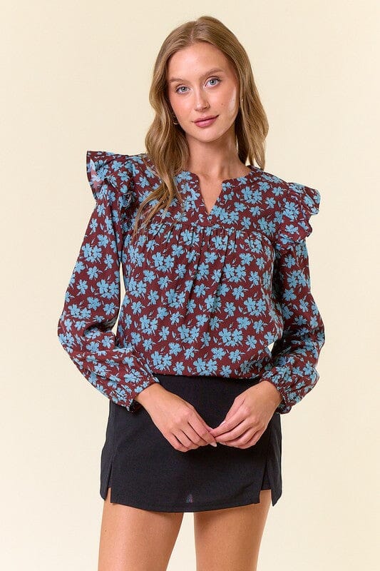 Cocoa and Blue Floral Flutter Sleeve Top Doe & Rae 