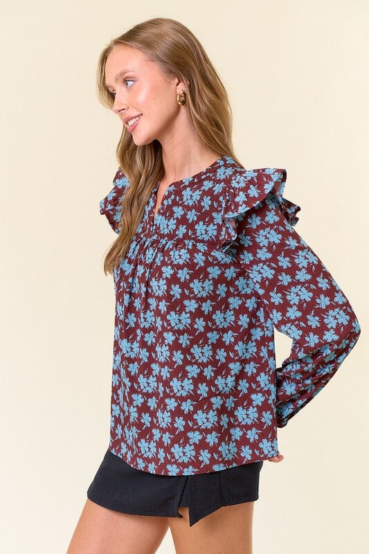 Cocoa and Blue Floral Flutter Sleeve Top Doe & Rae 