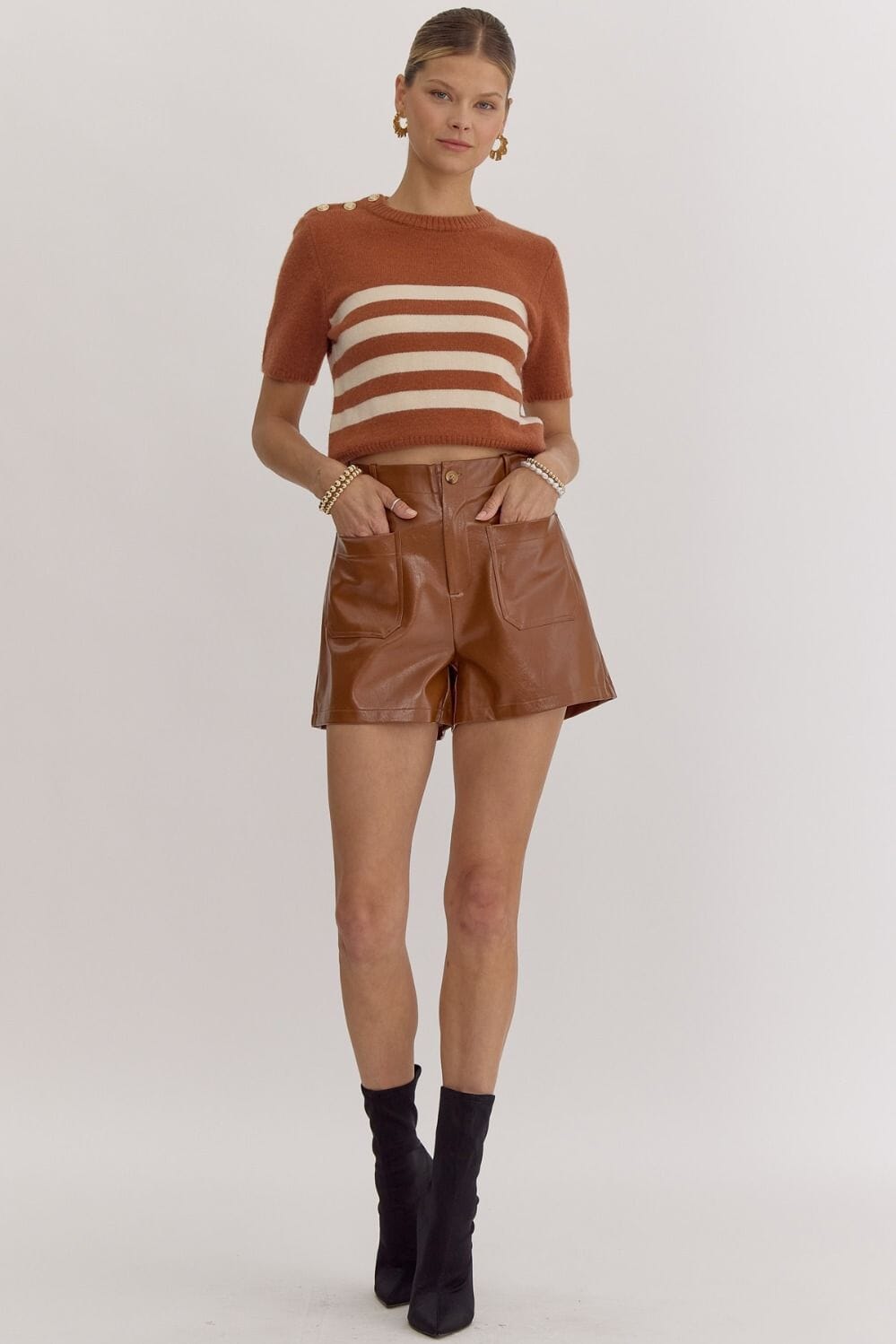 Cognac Faux Leather Front Pocket Shorts Entro 