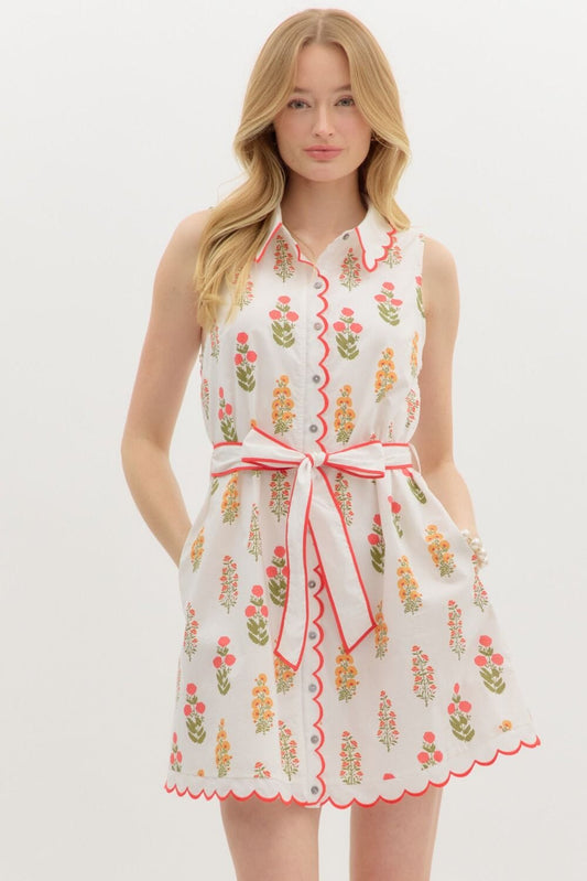Collared Floral Dress with Scalloped Detail Entro 