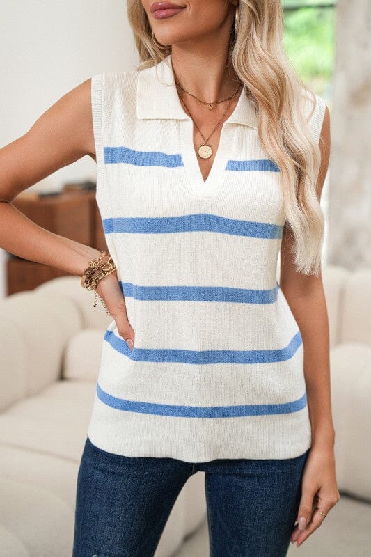 Collared Knit Striped Top Shewin 