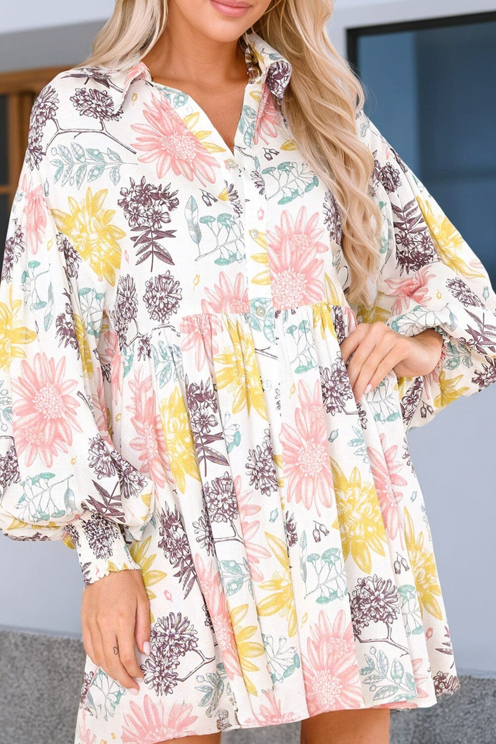 Collared Neck Bubble Sleeve Floral Dress Kentce 