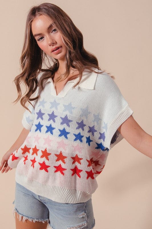 Collared Patriotic Star Knit Top So Me 