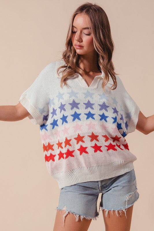 Collared Patriotic Star Knit Top So Me 
