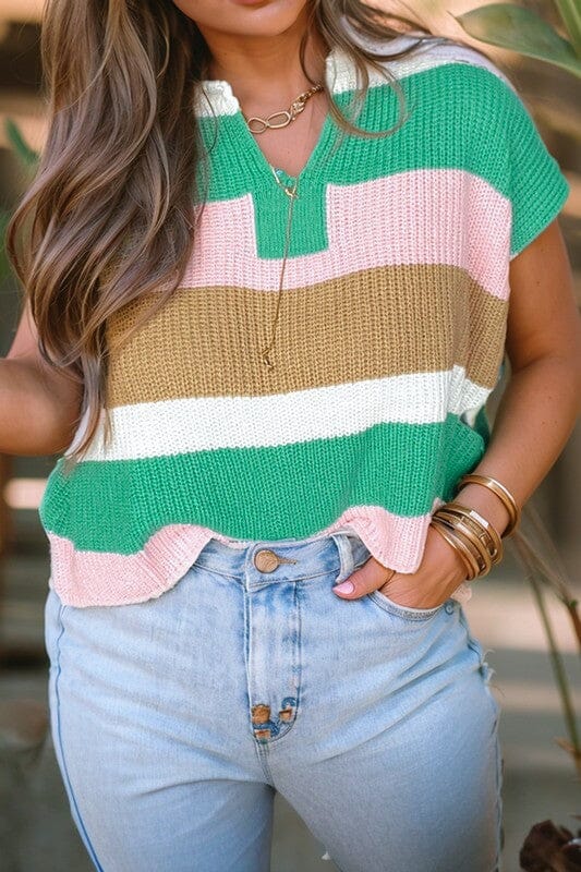 Colorblock Split Neck Spring Sweater Shewin small Green 