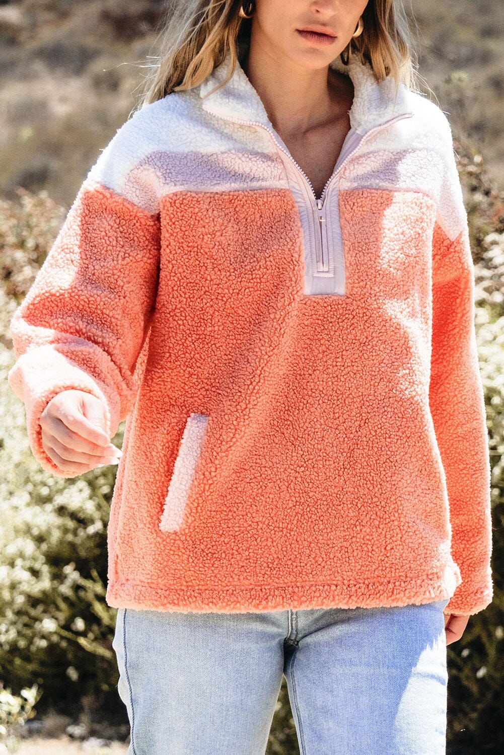 Colorblock Zipper Sherpa Sweatshirt shewin 