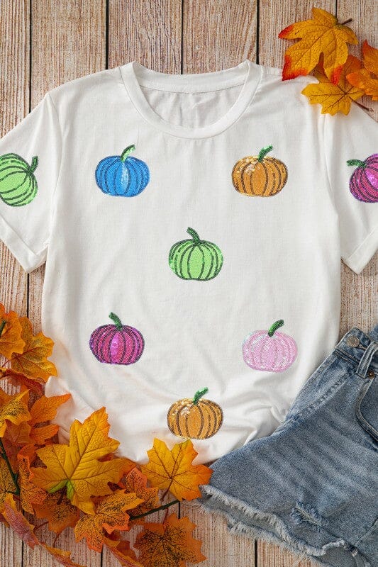 Colorful Sequin Pumpkin Tee Shewin 