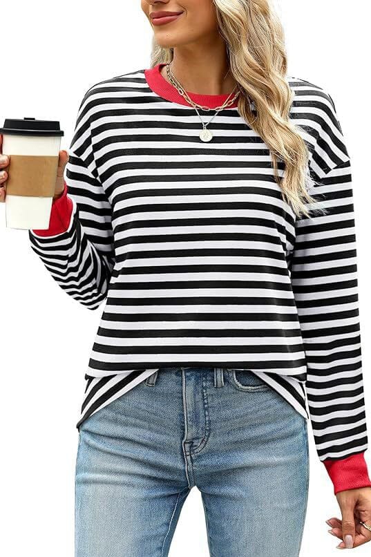 Contrast Round Neck Striped Long Sleeved Top shoppingwill 