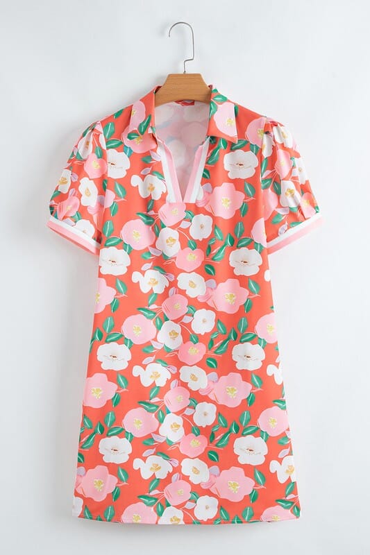Coral Floral Collared Dress Shiying 