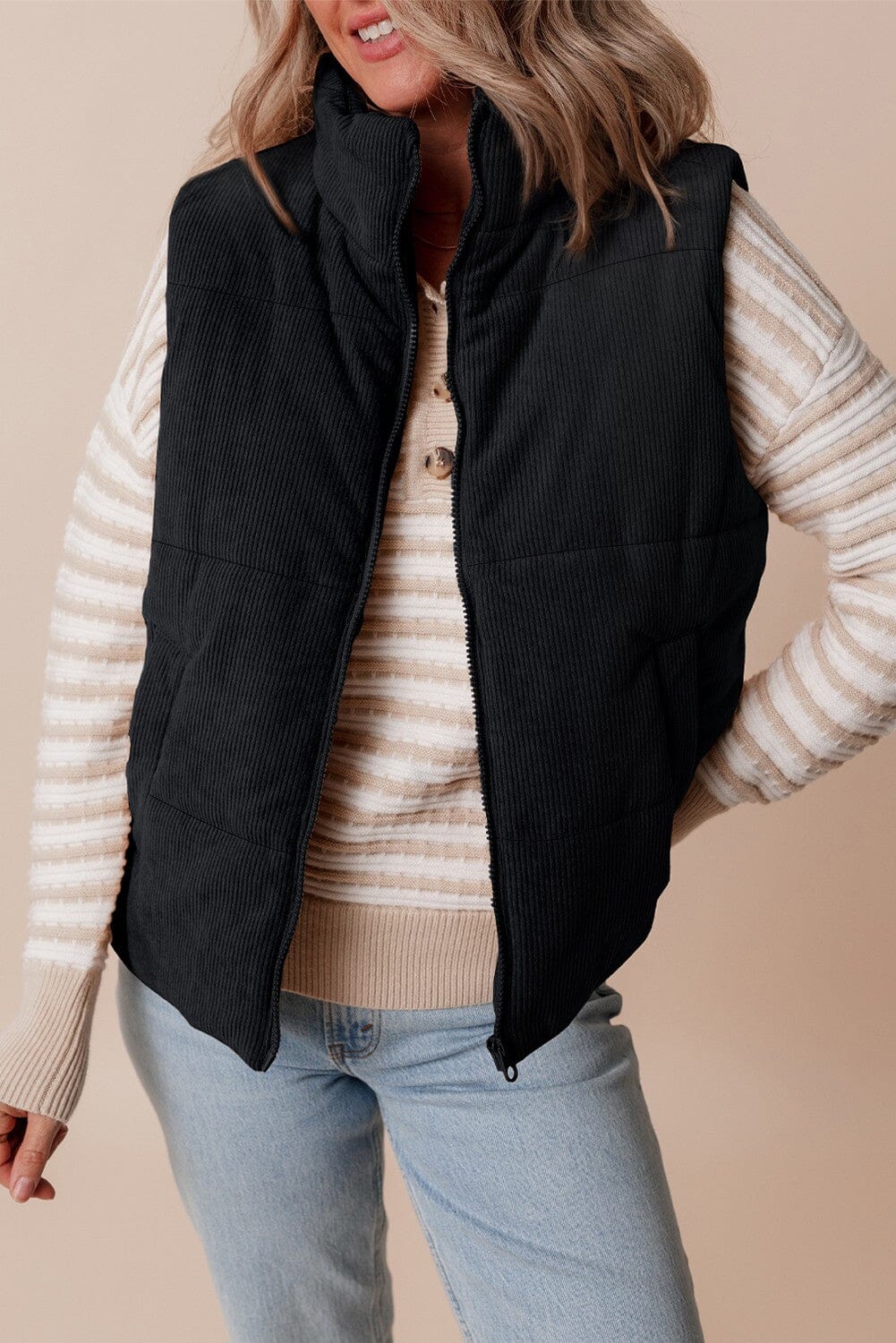 Corduroy Stand Neck Zipped Puffer Vest Kentce 