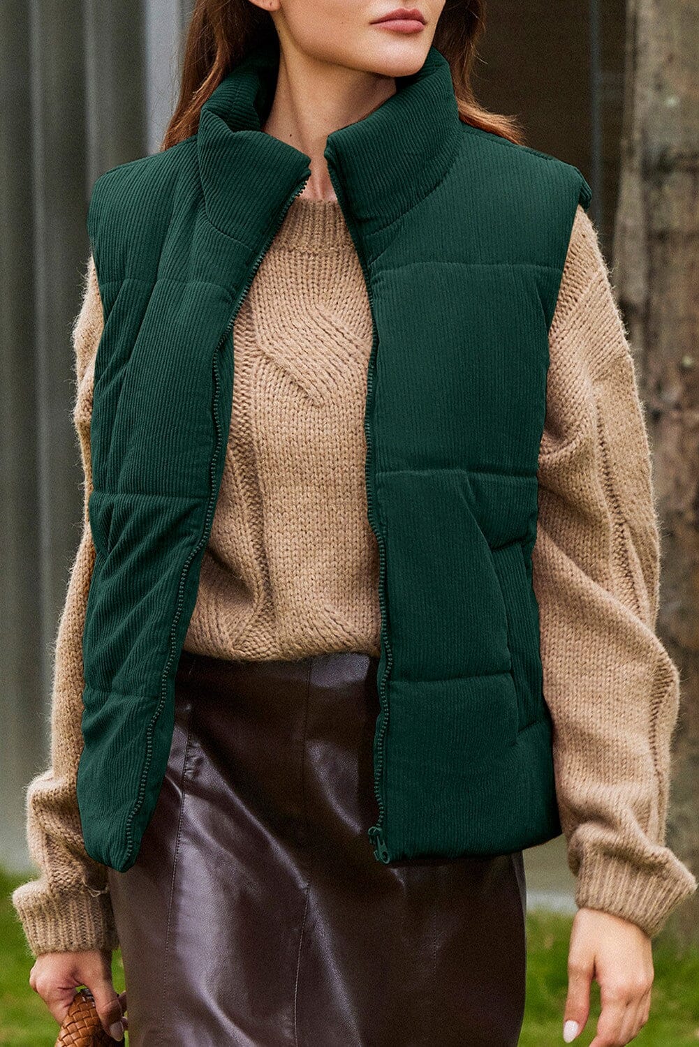 Corduroy Stand Neck Zipped Puffer Vest Kentce 