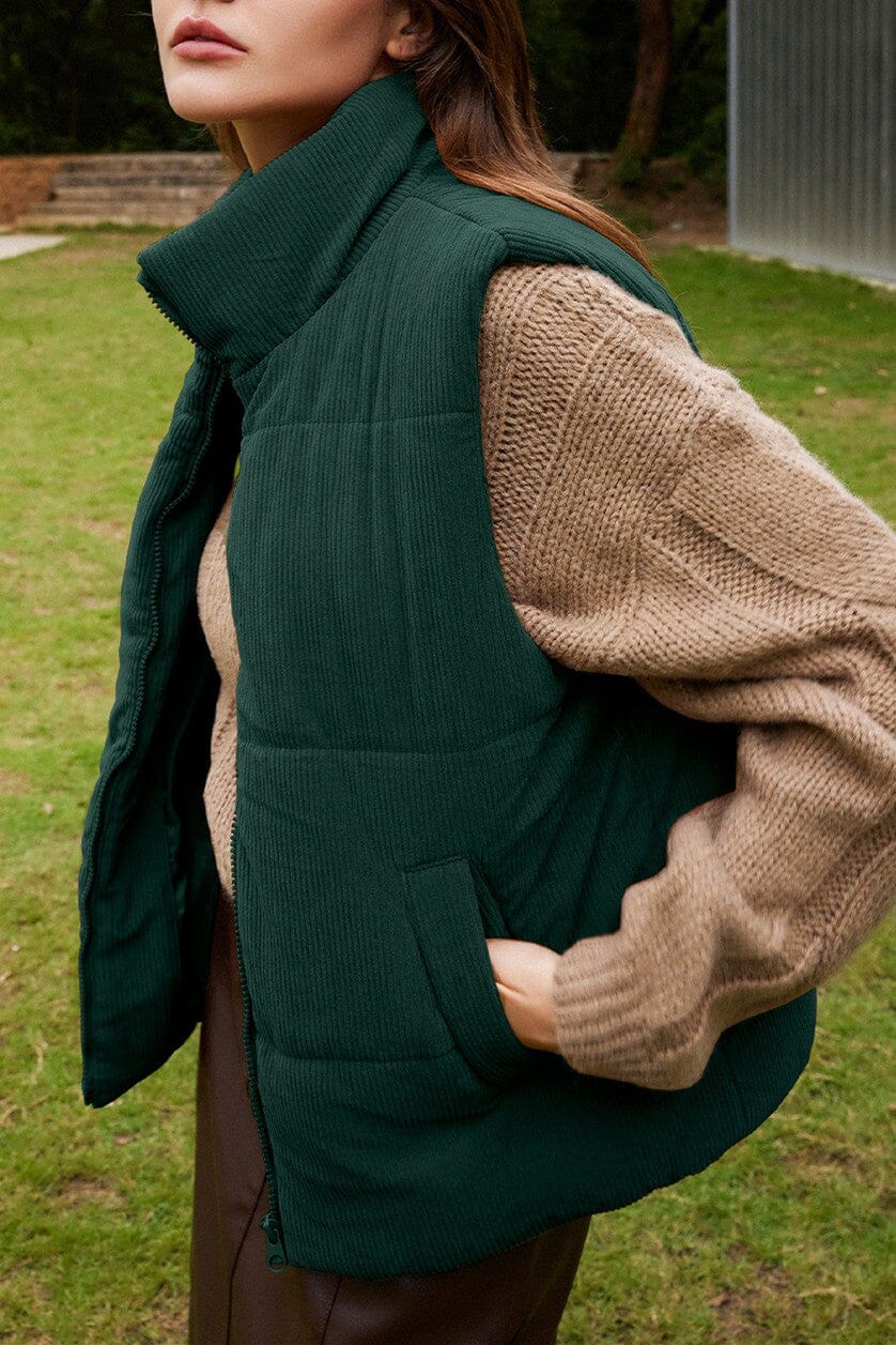 Corduroy Stand Neck Zipped Puffer Vest Kentce 