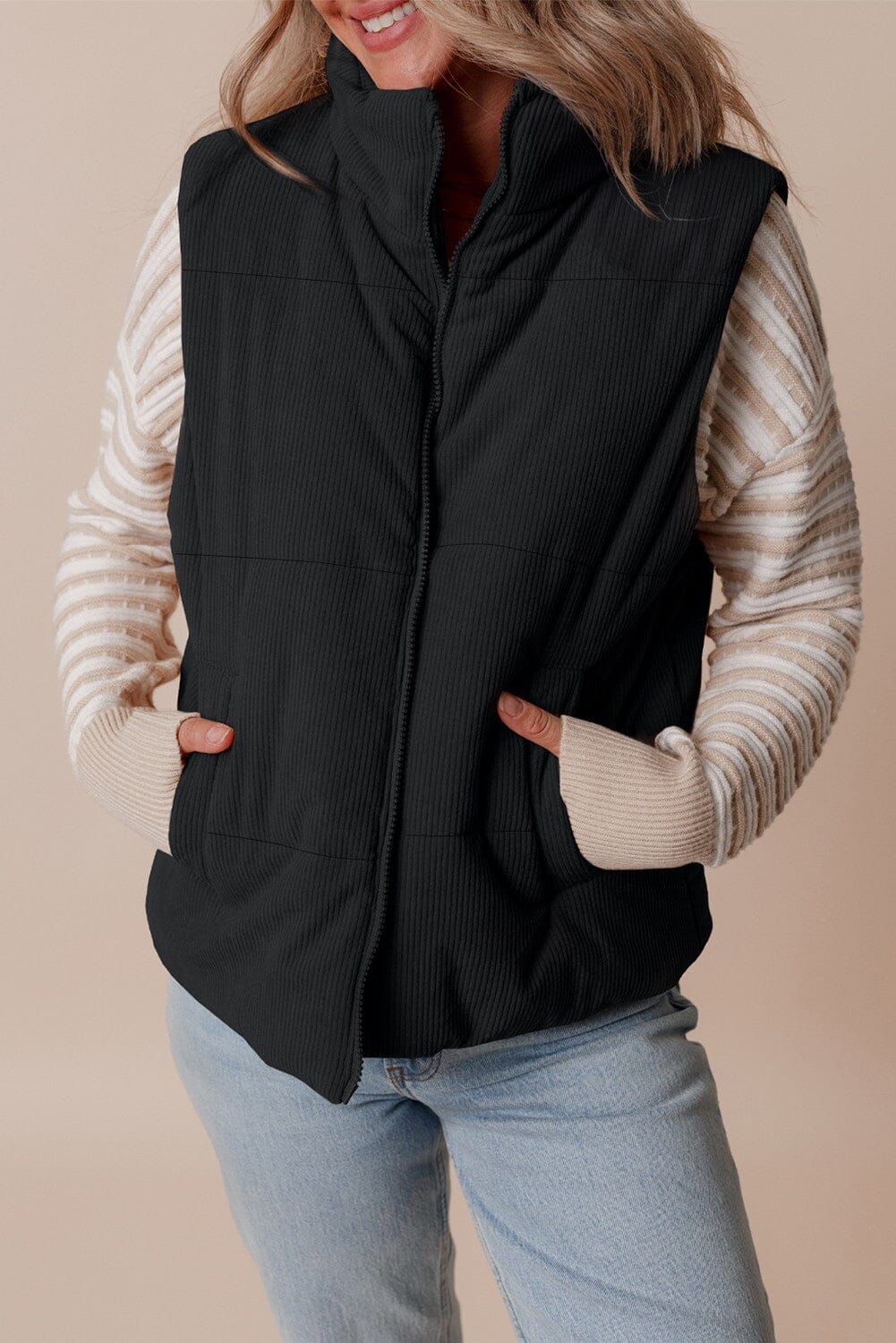 Corduroy Stand Neck Zipped Puffer Vest Kentce 