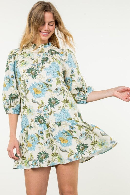 Cornflower Blue Floral Half Sleeve Dress THML 