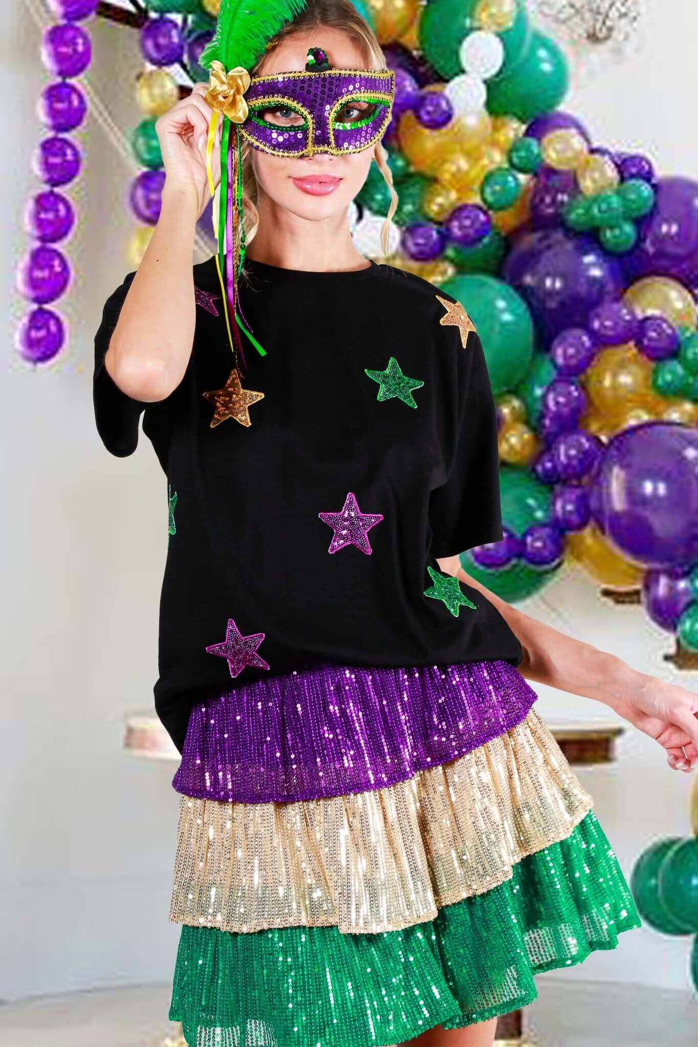 CREW NECK SHORT SLEEVE STAR SEQUIN DETAIL TOP Vine & Love 