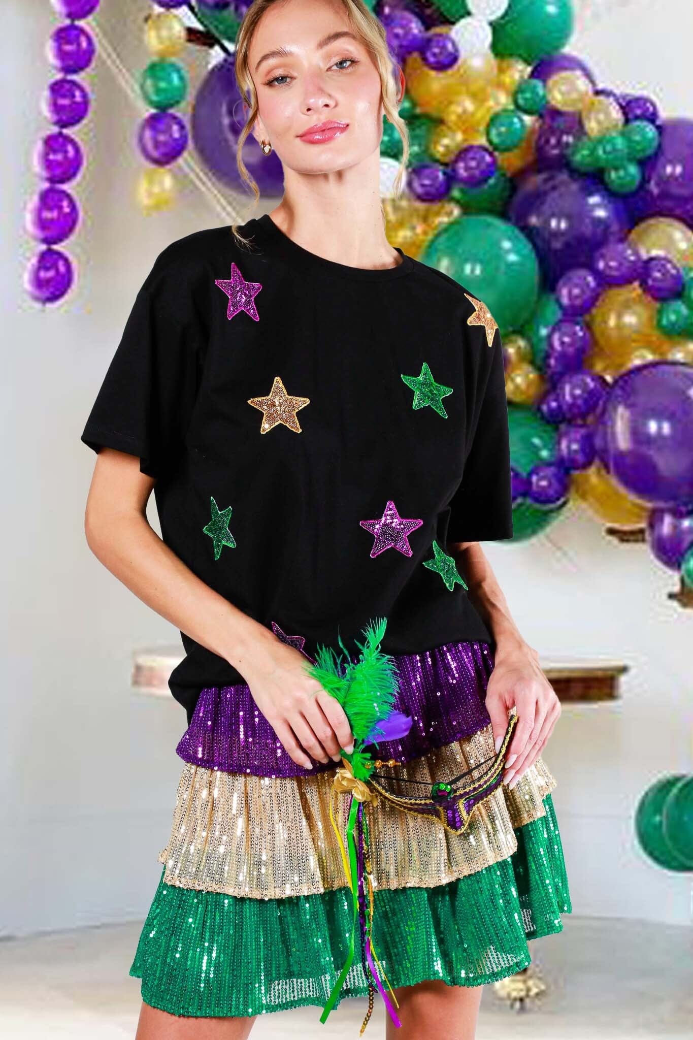 CREW NECK SHORT SLEEVE STAR SEQUIN DETAIL TOP Vine & Love 