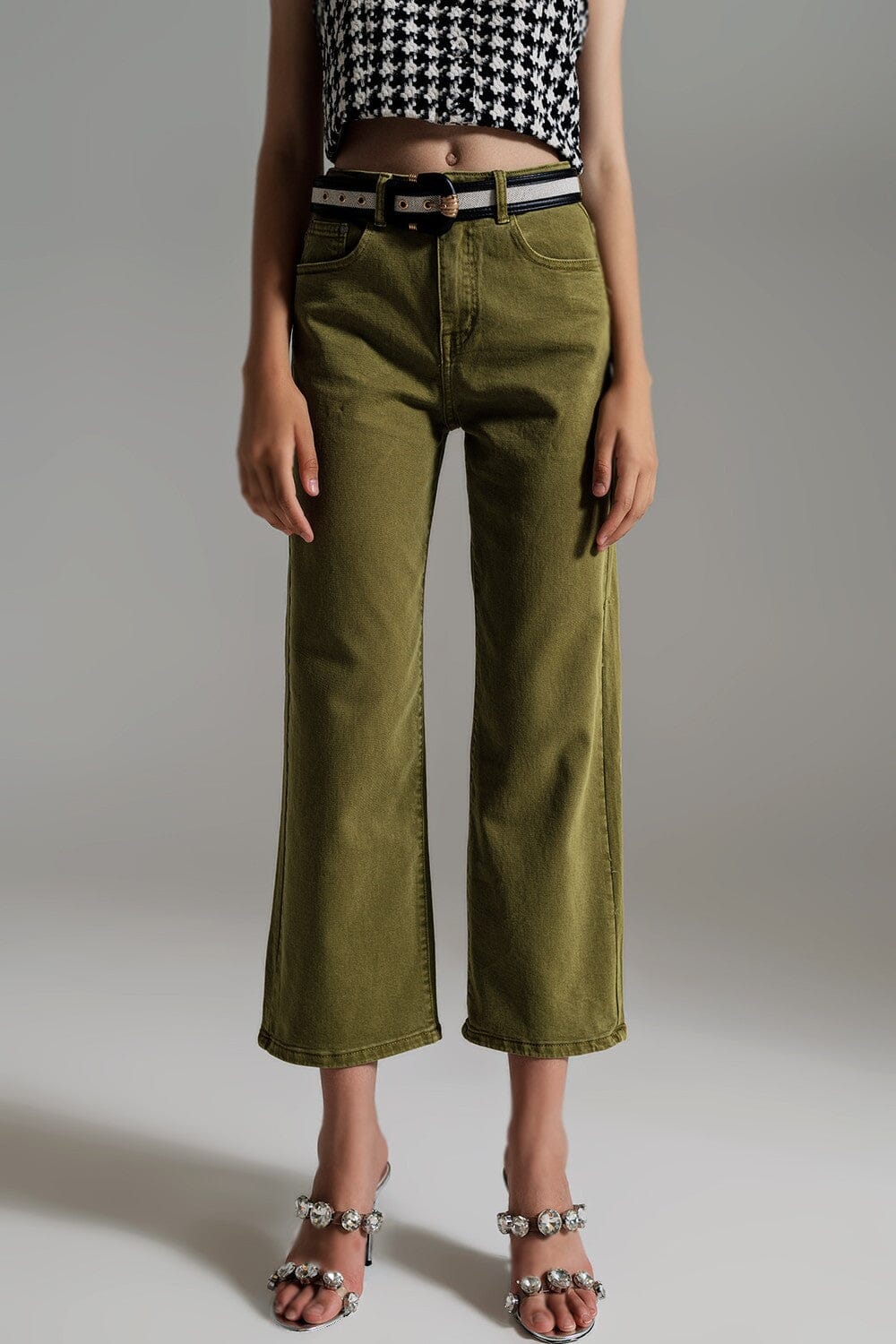 CROPPED WIDE LEG JEANS IN OLIVE GREEN Q2 