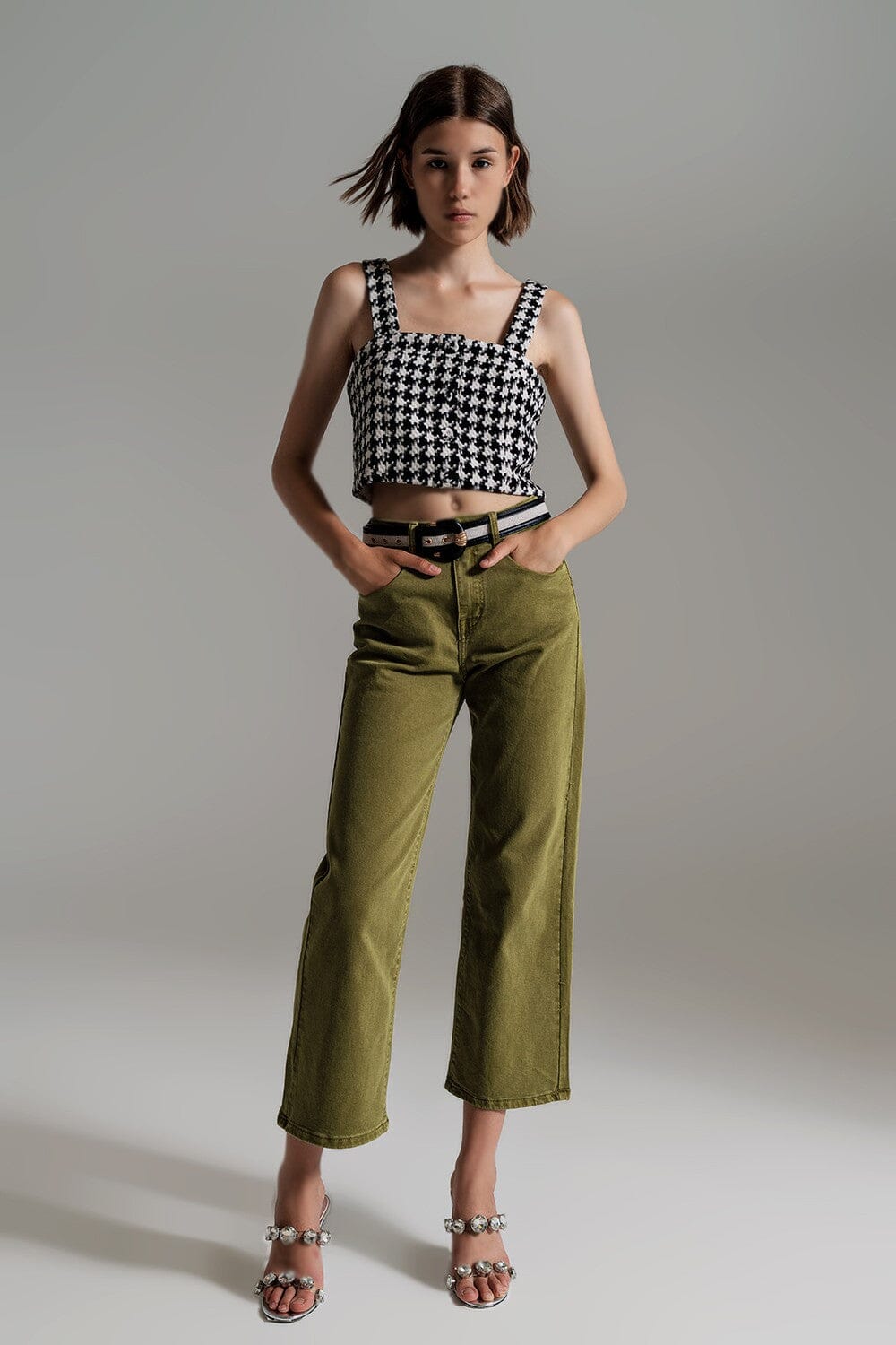 CROPPED WIDE LEG JEANS IN OLIVE GREEN Q2 