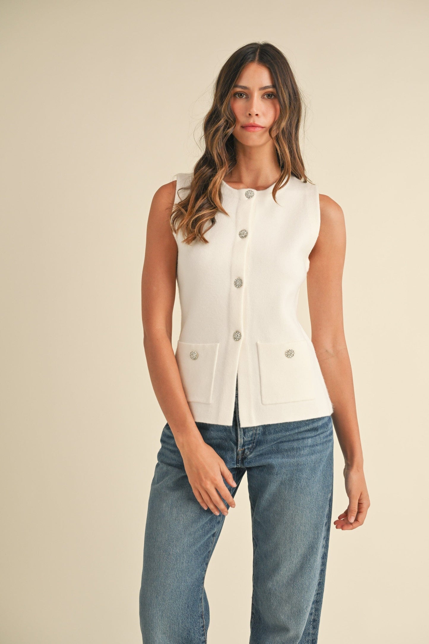 CRYSTAL BUTTON DOWN SWEATER VEST mable 