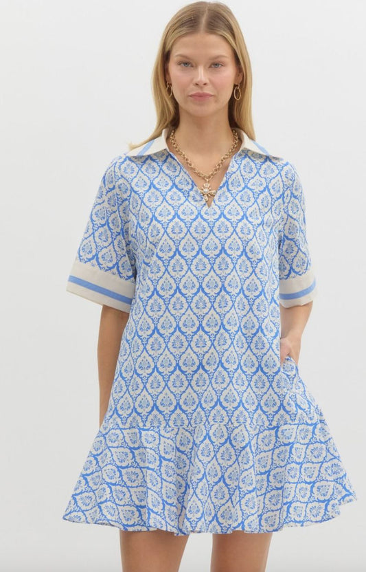 Damask Print Collared Dress Entro 