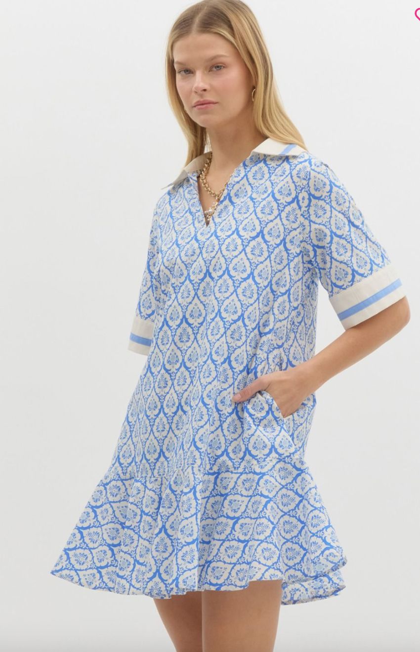 Damask Print Collared Dress Entro 
