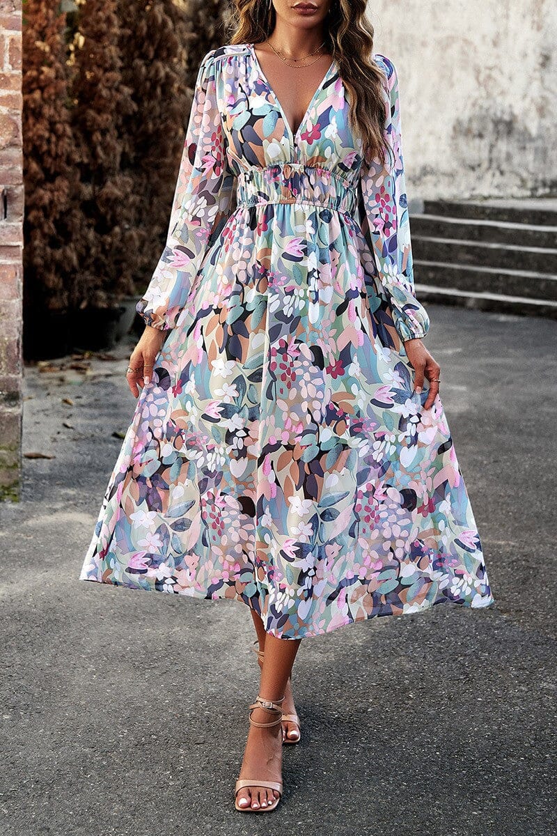 Deep V Elastic Waist Allover Print A Line Dress supreme fashion 