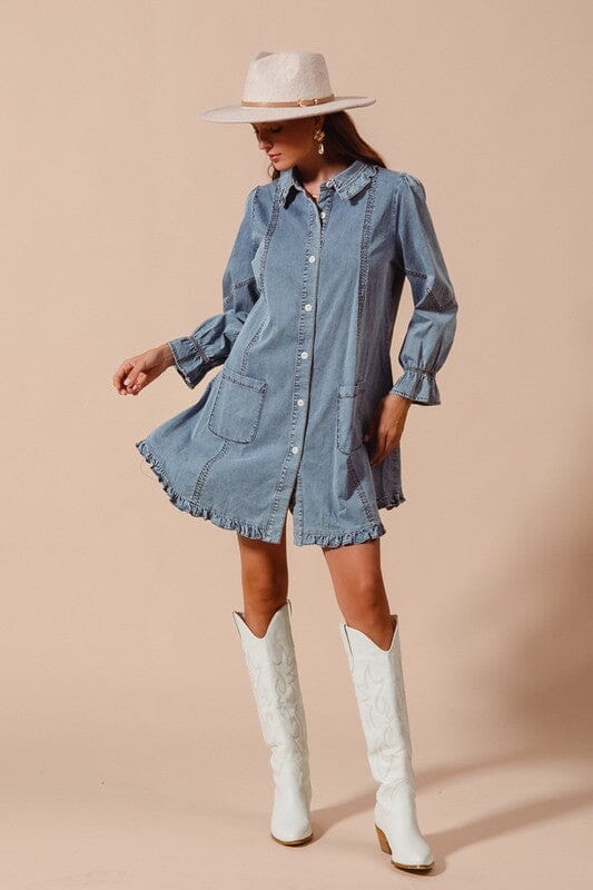 Denim Shirt Dress with Ruffle Detail So Me 