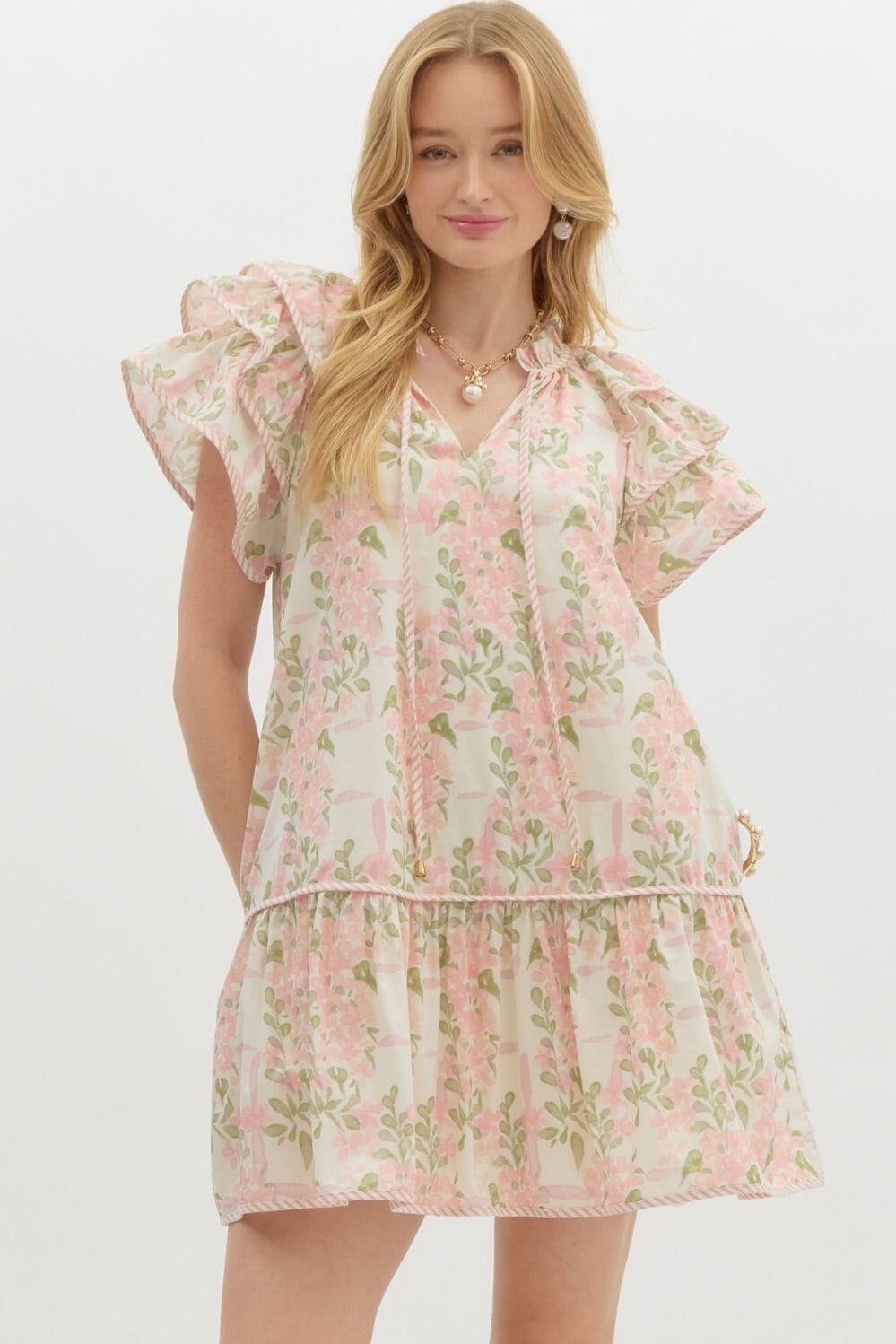 Double Flutter Spring Floral Dress Entro 