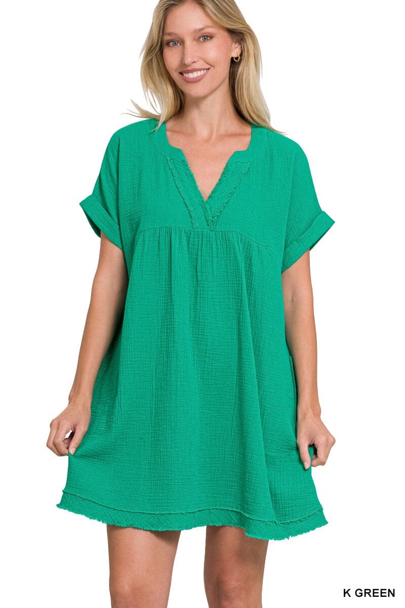 DOUBLE GAUZE RAW EDGE V-NECK DRESS zenana 