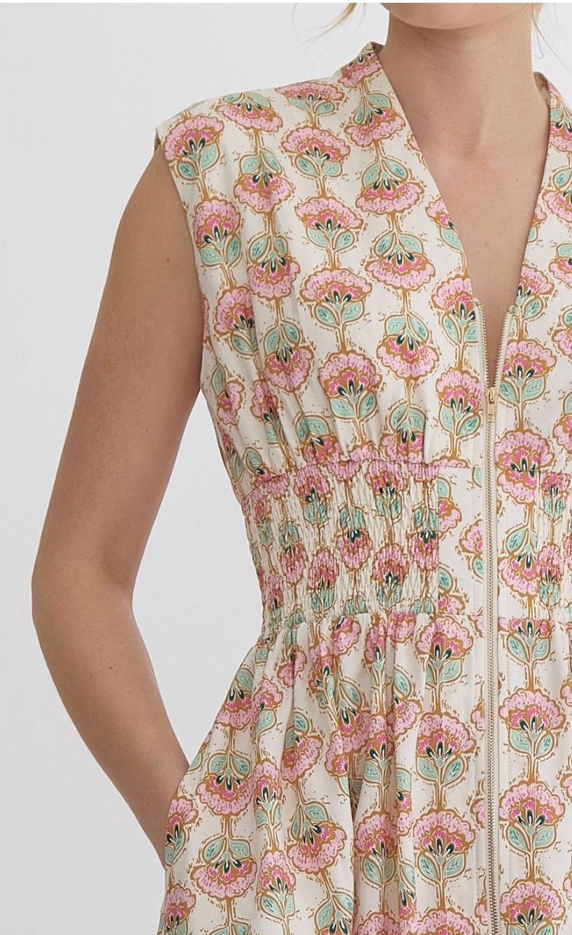 Dual Zipper Floral Printed Dress entro 