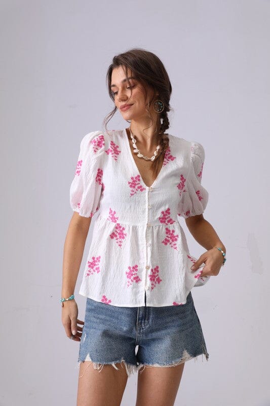 Embroidered Puff Sleeve Top Asia Direct small Pink 