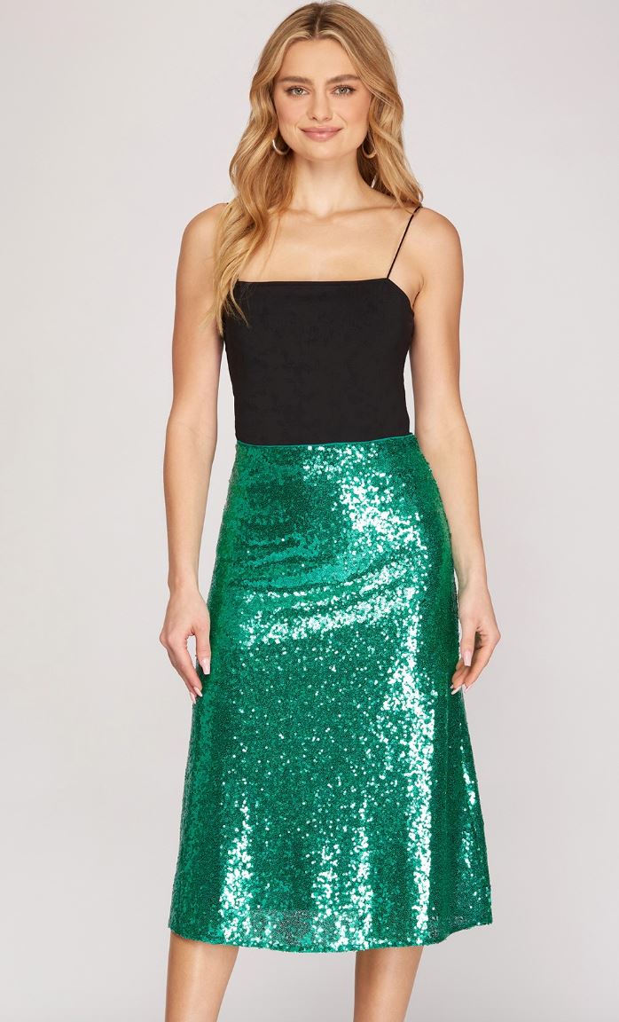 Emerald Sequin Midi Skirt she + sky 