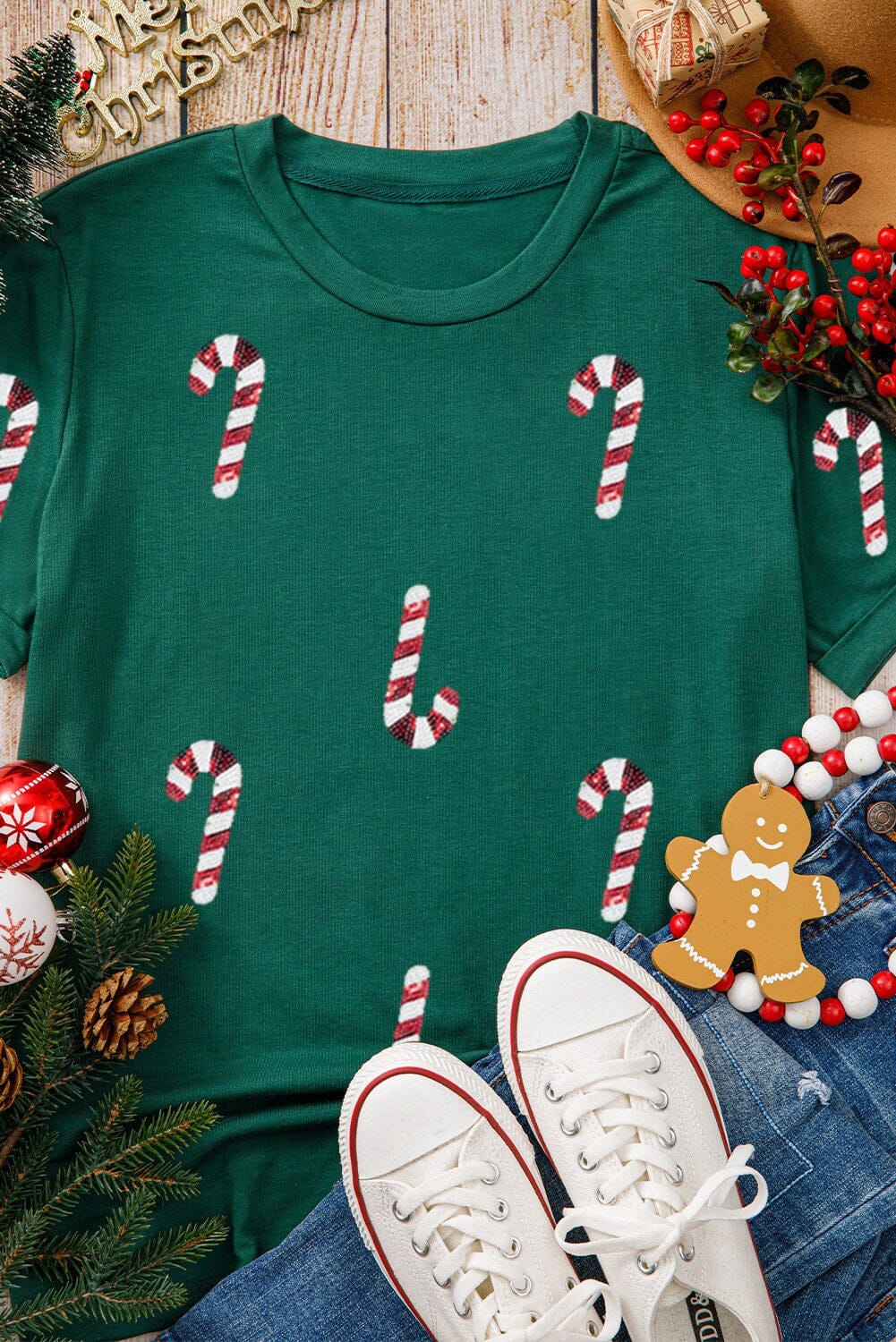 Evergreen Candy Cane Sequin Tee shewin 