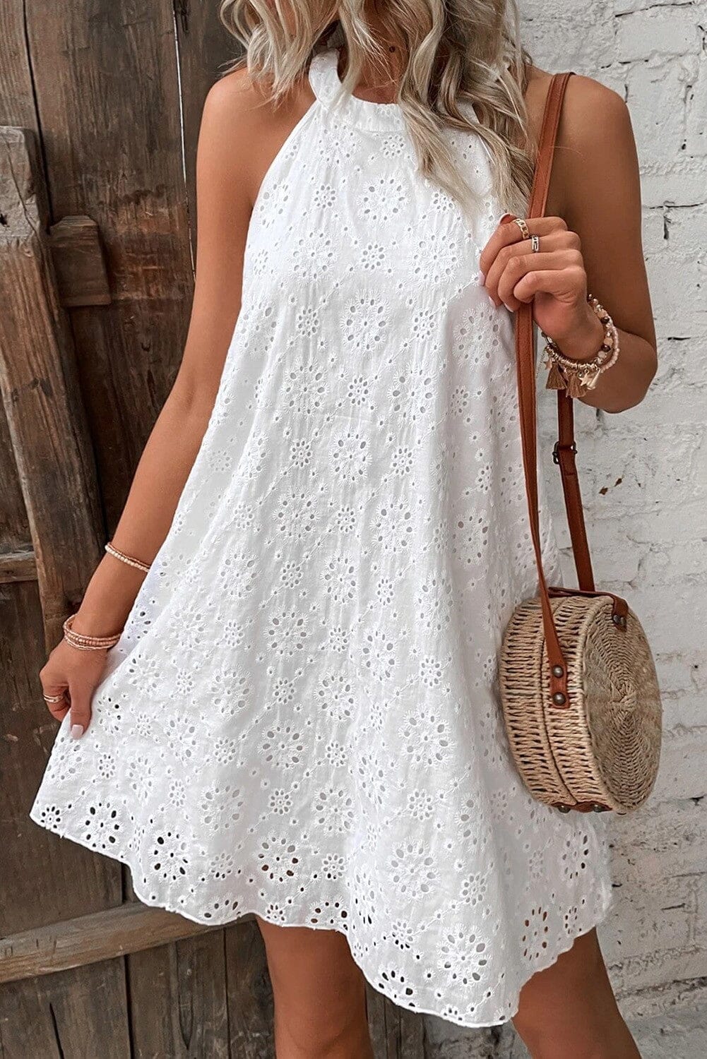 Eyelet Halter Neck Sleeveless Dress Kentce 