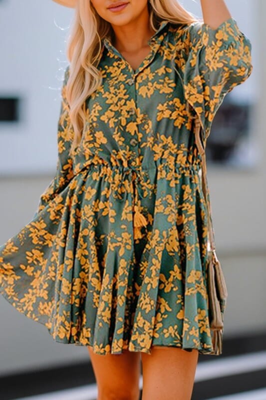 Fall Floral Drawstring Waist Dress Shewin 