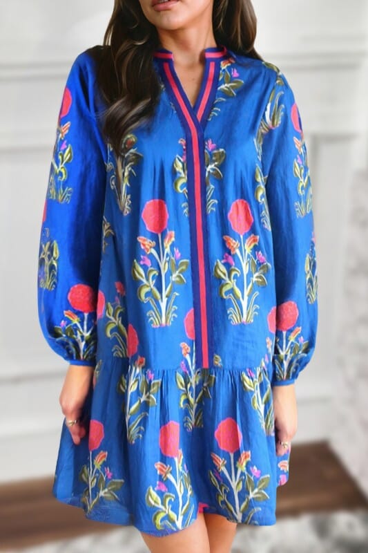Fall Floral Split Neck Dress Shewin 