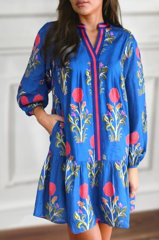 Fall Floral Split Neck Dress Shewin small Blue 