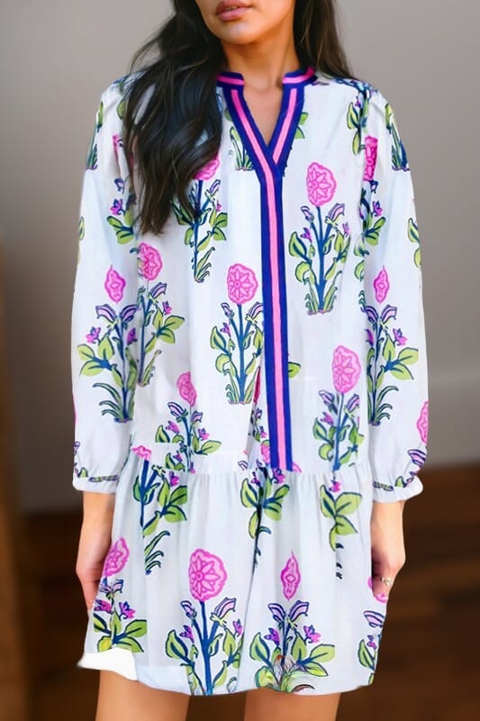 Fall Floral Split Neck Dress Shewin small White 